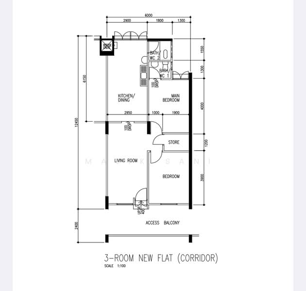 평면도 — 3NG HDB Flat at Blk 374 Clementi Ave 4 – Mid Floor, Original Condition