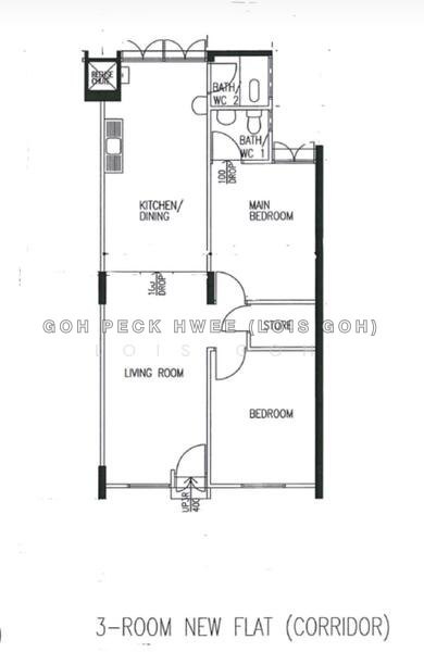 ผังพื้น — 3-Room HDB Flat at Blk 70 Bedok South Road – Low Floor, Partially Furnished