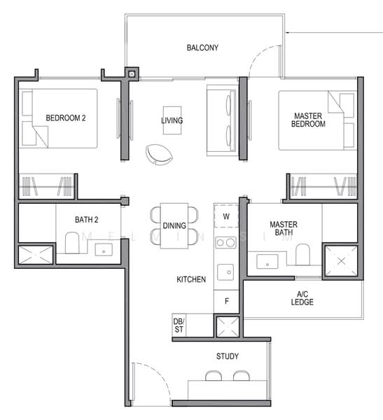 間取り図 — Park Colonial 2-Bed + Study, Best Stack, Next to Woodleigh MRT