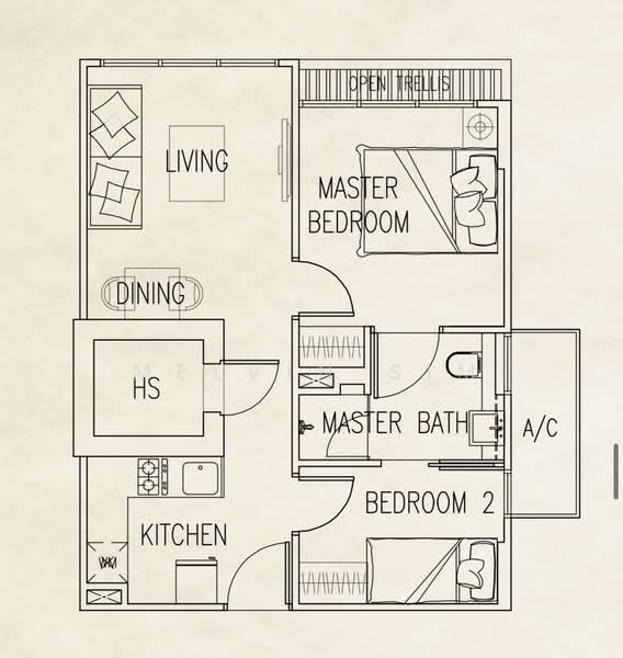 户型图 — Naung Residence 2-Bed 1-Bath 538sqft, 999-Year Leasehold Near Hougang MRT