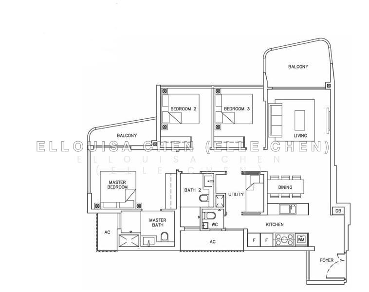 間取り図 — Coastline Residences – 3BR+Flexi High Floor with Sea & Landed Views