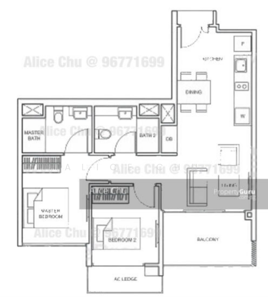 ผังพื้น — High Floor 2-Bed 2-Bath at The Glades, Steps from Tanah Merah MRT