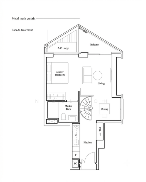 평면도 — The Reef at King's Dock – 1-Bed 592 sqft, 2nd Floor, Partial Furnish
