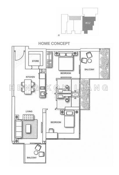 ผังพื้น — 2-Bed Apartment at Lumiere, Tanjong Pagar – 915 sqft