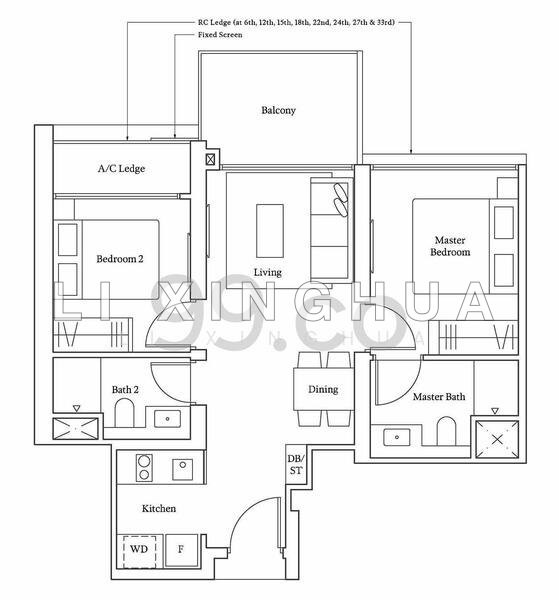 間取り図 — Avenue South Residence – 2-Bed 2-Bath Dumbbell Layout, Peak Collection