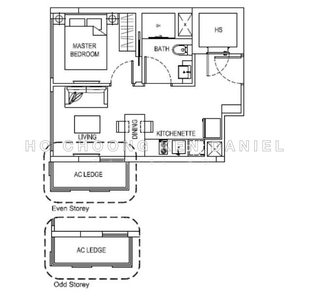 户型图 — The Hillford – Bright Corner 1-Bed Unit, 398 sqft, 60-Year Leasehold