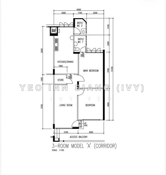 ผังพื้น — High-Floor 3-Room Model A HDB Flat at Jurong East Ave 1