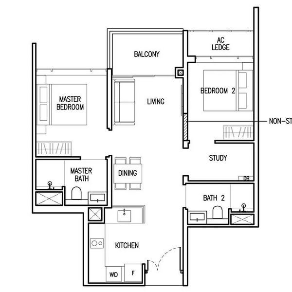 தள திட்டம் — The Commodore – 2 Bed + Study, High Floor, Near Canberra MRT